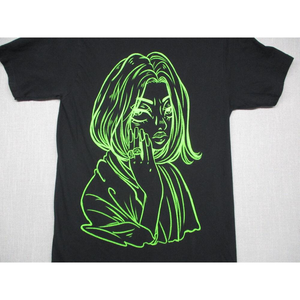 BILLIE EILISH Black Neon Green Modern Edgy Fan‎ Graphic Print T-Shirt Size XS